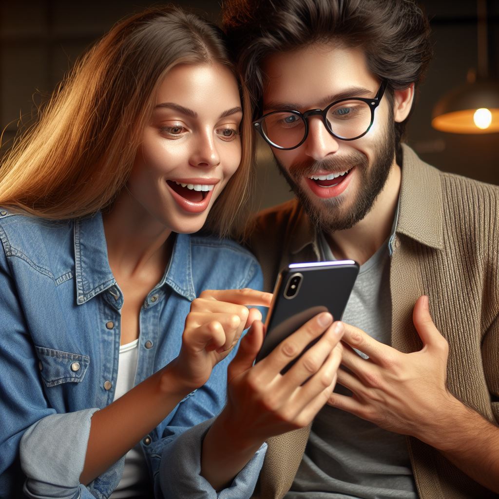 mulher e homem segurando um celular